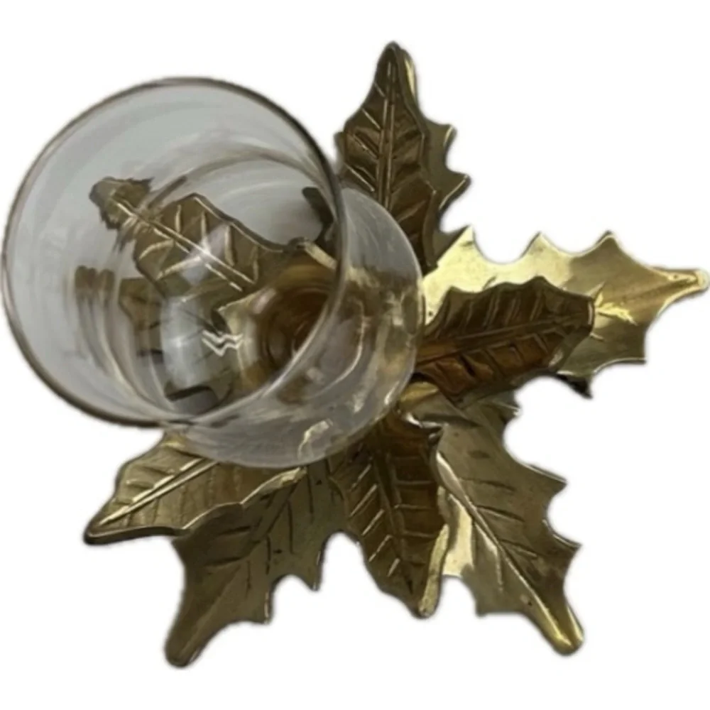 Two Solid Brass Holly Leaves Candle Holders With Glass Globes Vintage